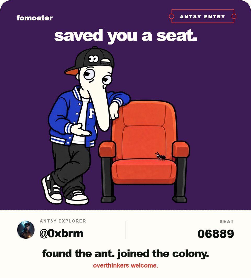 0xbrm's tweet photo. saved you a seat. don't make it weird.
no.6889 · @fomoater
https://t.co/fTHwc5kwzV https://t.co/2mmUDvUmU7