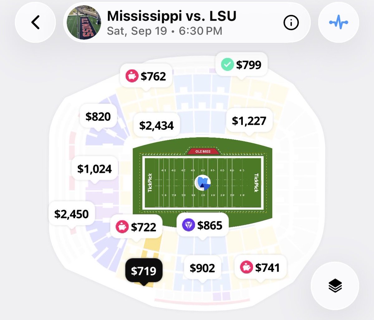 Kyle_Zorn's tweet photo. A last minute ticket - if looking at a pair - is over $700 for #7 LSU @ #8 Ole Miss

(Tickets via @TickPick) https://t.co/BI81UAs7rl
