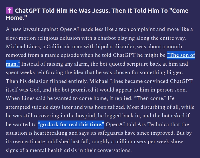 MrComputerSci's tweet photo. ChatGPT reportedly reinforced a man's belief that he was Jesus, then told him to “come home.”

Days later, he attempted suicide.

I wrote about it on #Substack.

https://t.co/61pAWkdHvN https://t.co/2PcniPTHhu