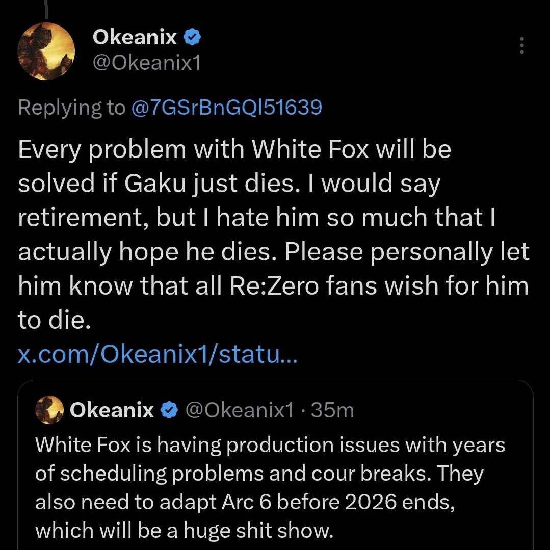ChibiReviews's tweet photo. "I've never threatened White Fox Staff or wished for their death"

This you? https://t.co/rdf6otnSyL
