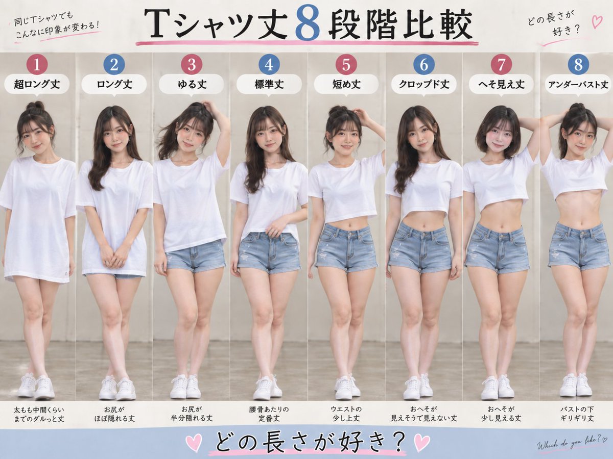 Petit_Price2024's tweet photo. Tシャツの丈、どれが一番好き？ https://t.co/Cn4DQGgjRN