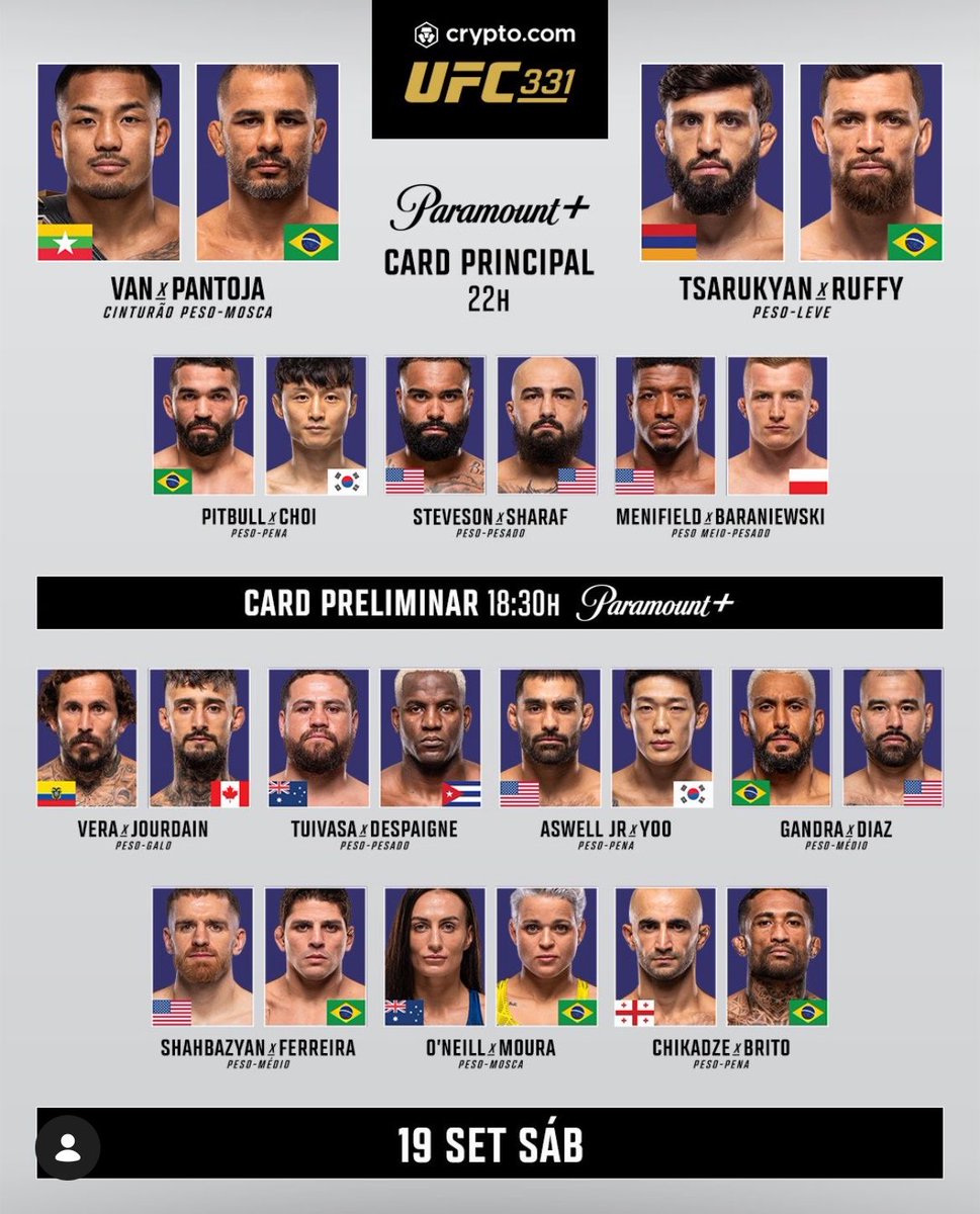 concatenarsim's tweet photo. Chegou o grande dia!

Card Preliminar começa às 18:30 na @paramountplusbr 

ADMITAM o gabarito do UFC 331! 👇👇👇 https://t.co/gtTZssDQRJ