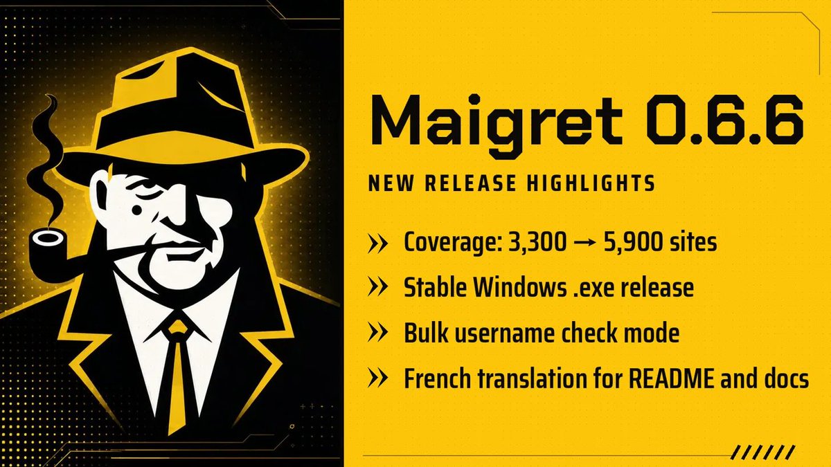 Sox0j's tweet photo. Nobody's impressed by OSINT on the big social platforms anymore: plenty of tools do that.

The hard part is everything else. Maigret 0.6.6 now checks almost 6000 sites, including niche forums, discussion boards and wikis -- where the real leads live.

Try it: https://t.co/FZVtsQ0FtF