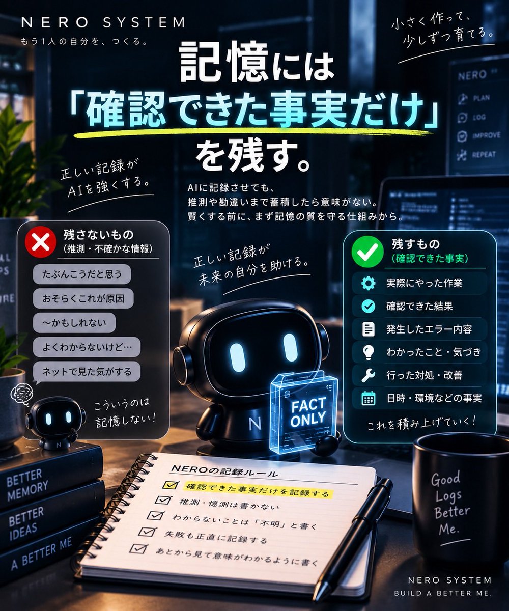 kuro_ailab's tweet photo. NEROの「記憶」を作るとき、最初に決めたルールがあります。

「確認できた事実だけを残す。」

AIに記録させても、推測や勘違いまで蓄積したら意味がない。

賢くする前に、まず記憶の質を守る仕組みから。

NERO SYSTEMは、こういう地味なルールも少しずつ作っています。🤖

#NEROSYSTEM #AI #自動化 https://t.co/axofdgQVxt