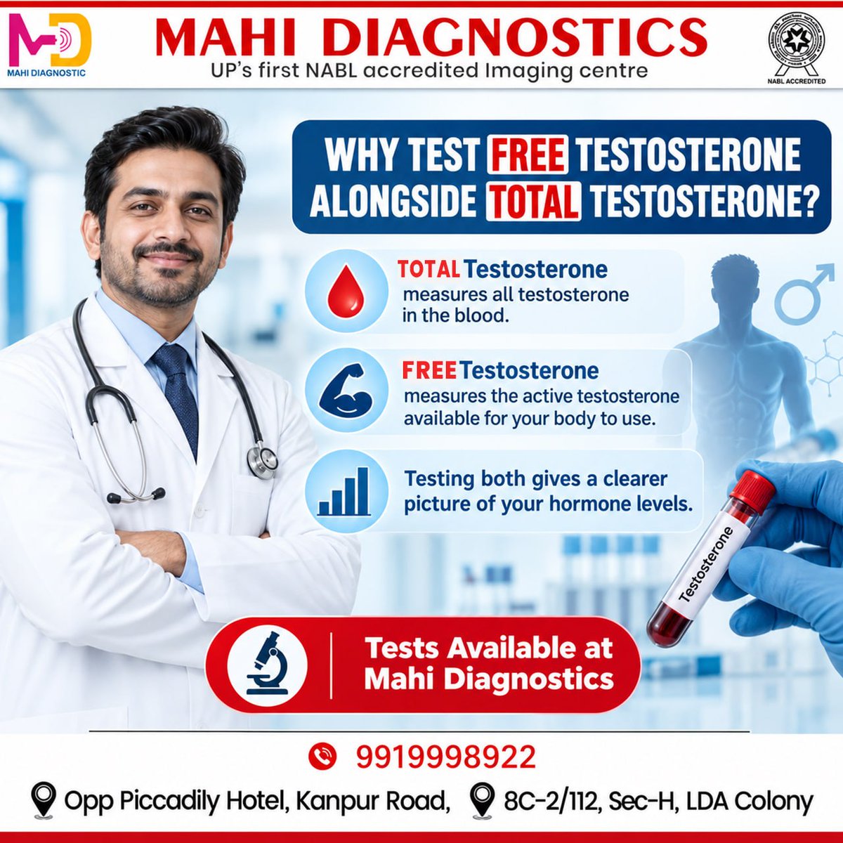 MahiDiagnostics's tweet photo. ✨ At Mahi Diagnostics, we offer 𝗙𝗿𝗲𝗲 &amp; 𝗧𝗼𝘁𝗮𝗹 ��𝗲𝘀𝘁𝗼𝘀𝘁𝗲𝗿𝗼𝗻𝗲 𝗧𝗲𝘀𝘁𝗶𝗻𝗴 with accuracy, care, and expert guidance.
📍 Book your test today Call 99199 98922 

#MensHealth #HormoneBalance #TestosteroneTesting #DiagnosticCenterAlambagh #HealthyLiving https://t.co/EZoxf4ARqi