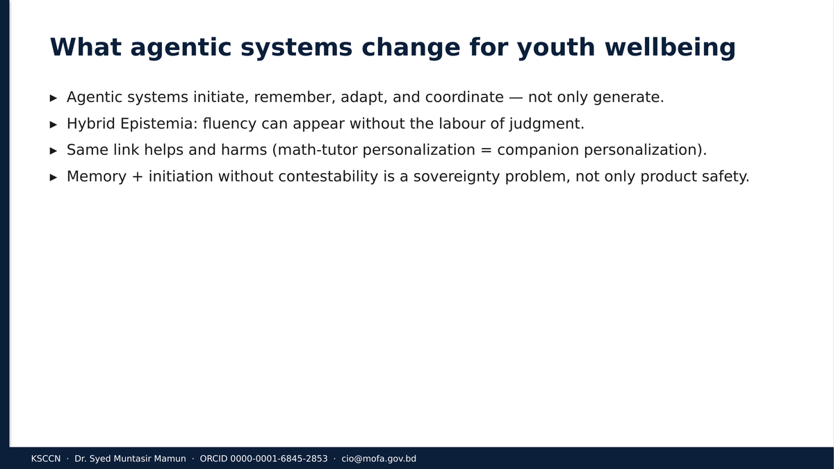 Artillery11's tweet photo. Pitch deck · Q-Lab · Agentic AI & Youth Digital Wellbeing
Mon 21 Sep · Convene NYC
KSCCN Chapeaux: speaking stack for the Q-Lab room.
Thanks @SyncIthra @TheGovLab @Ithra @ITU
#UNGA81 #KSCCN #YouthWellbeing #SpeakingDeck https://t.co/r6YDfVh6Ro