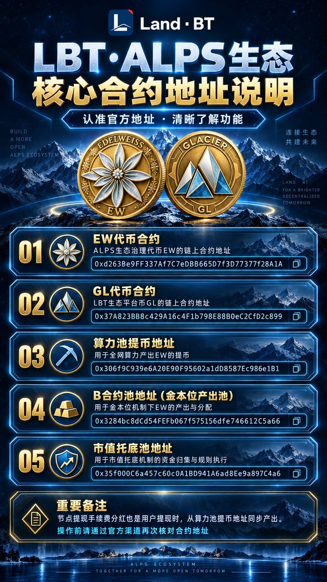 LAND_BT's tweet photo. 🛡️ LBT · ALPS | Important Notice
🔹 Market Cap Support Pool
0x35f000C6a457c60c0A1BD941A6ad8Fe9a897C4a6
Used for fund collection &amp; rule execution.

⚠️ Node withdrawal fee dividends are generated from the Mining Pool Withdrawal Address.
Always verify via official channels. https://t.co/tbTe5wsGeW