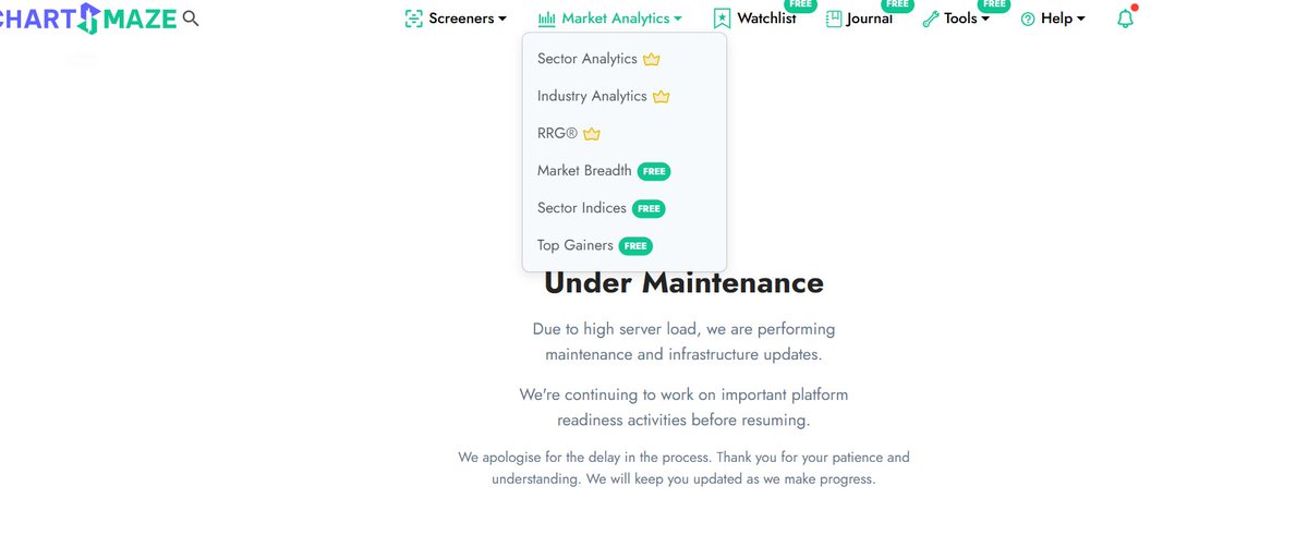 bruce218524's tweet photo. @Charts_Maze  from april checking it showing free market breadth and sector indices and top gainers but whenever try to open showing under maintenance, it is seriously misleading!!! https://t.co/YnFaAKb57E