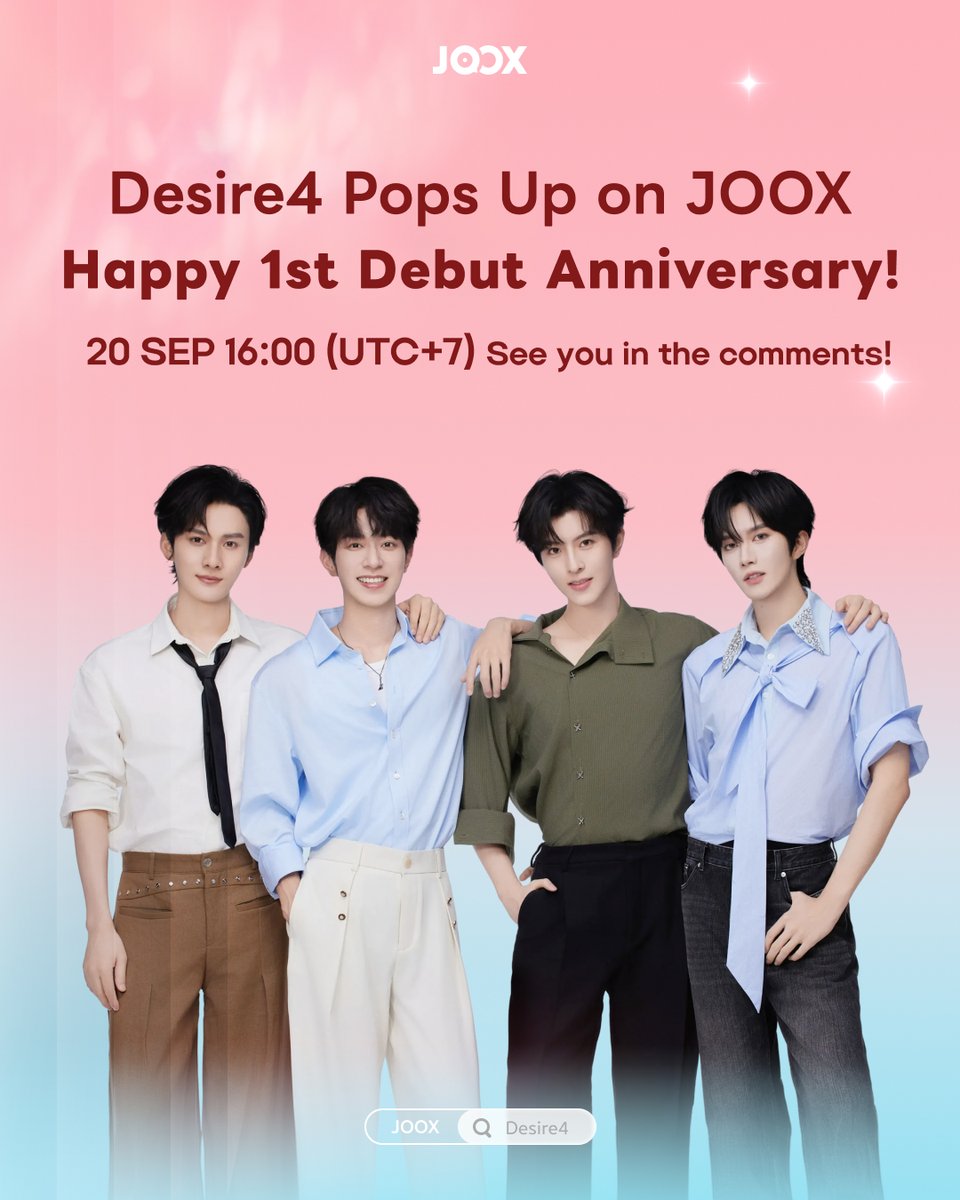 JOOXTH's tweet photo. Happy 1st Debut Anniversary to Desire4! 🎉 The anniversary single "敢不敢" is now on JOOX ❗️

This is a song about courage and finding answers.
From 920 to 920, thank you for being with them every step of the way, building a kingdom from the ground up, one brick at a time.

🎁 Search for “Desire4” on JOOX and unlock exclusive surprises and rewards! 🎁

1️⃣ Surprise Alert! Desire4 will be popping up in the "敢不敢" comment section! 💬
Leave a comment and interact on JOOX. The JOOX VIP user with the most-liked comment (TOP 1) will win a Desire4 signed photo! 📸
⏰ Pops Up Time: Sep 20, 2026 | 17:00–17:30 (UTC+8)
📍 Location: JOOX App – "敢不敢" Comment Section

2️⃣ 1st Anniversary Limited Fan Badge "Dreamy Ice Cream" 🍦
Follow Desire4 and collect the exclusive fan badge. Complete listening missions and upgrade your badge to Level 10 to unlock it automatically. The fan ranked No.1 on the badge leaderboard at the end of the campaign will receive a Desire4 signed photo! 📸

3️⃣ Support "敢不敢" on the #JOOXTOPMUSICCHART and Win a Signed Photo 👑
From now until Oct 11, stream "敢不敢" on the #JOOX TOP MUSIC CHART and help it climb the Weekly Chart to unlock exclusive https://t.co/6Blq3bm0YP the end of the campaign, the No.1 user on the JOOX TOP MUSIC CHART Fan Support Ranking will win a Desire4 signed photo! 📸

4️⃣ Desire4 1st Anniversary Limited Snap Card Is Coming Soon! Stay tuned!

#黃星 #邱鼎傑 #李沛恩 #江衡
#EliotHuang #KipukaQiu #SeekyLi #OceanJiang
#垂涎 #Desire4 #敢不敢 #STILLUS
#JOOX #JTMC