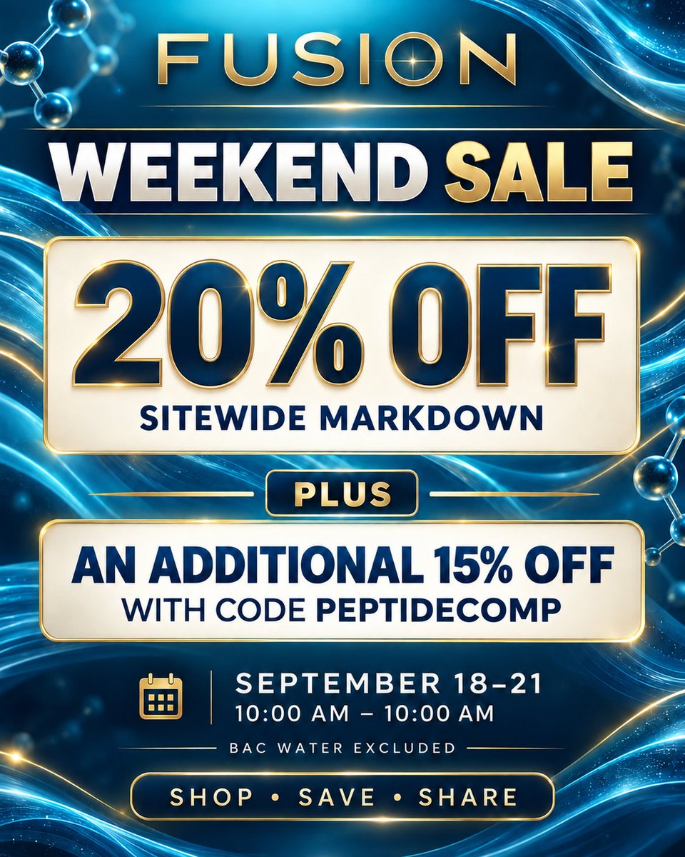 PeptideComp's tweet photo. 🔥 FUSION WEEKEND SALE IS LIVE! 📷 20% OFF sitewide 📷 September 18–21 📷 10 AM – 10 AM  35% OFF TOTAL!! 📷https://t.co/G5pTYkARge #PeptideComp #PeptideSale #ResearchPeptides #PeptideDeals #ad https://t.co/MvHCW6w63d