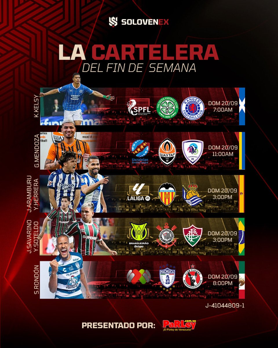 SOLOVENEX_'s tweet photo. ¡𝗝𝗢𝗥𝗡𝗔𝗗𝗔 𝗣𝗥𝗘𝗩𝗜𝗢 𝗔 𝗟𝗔 𝗙𝗘𝗖𝗛𝗔 𝗙𝗜𝗙𝗔! 🇻🇪

➤ Estos son algunos de los partidos más importantes de nuestros #VenEx por todo el mundo en el fin de semana.

¡Listos para otro '𝙛𝙞𝙣𝙙𝙚' de emociones!

𝗣𝗮𝘁𝗿𝗼𝗰𝗶𝗻𝗮𝗱𝗼 𝗽𝗼𝗿: @ParleyEnLinea • (🏦)

#SVX https://t.co/MKrAJFR3ag