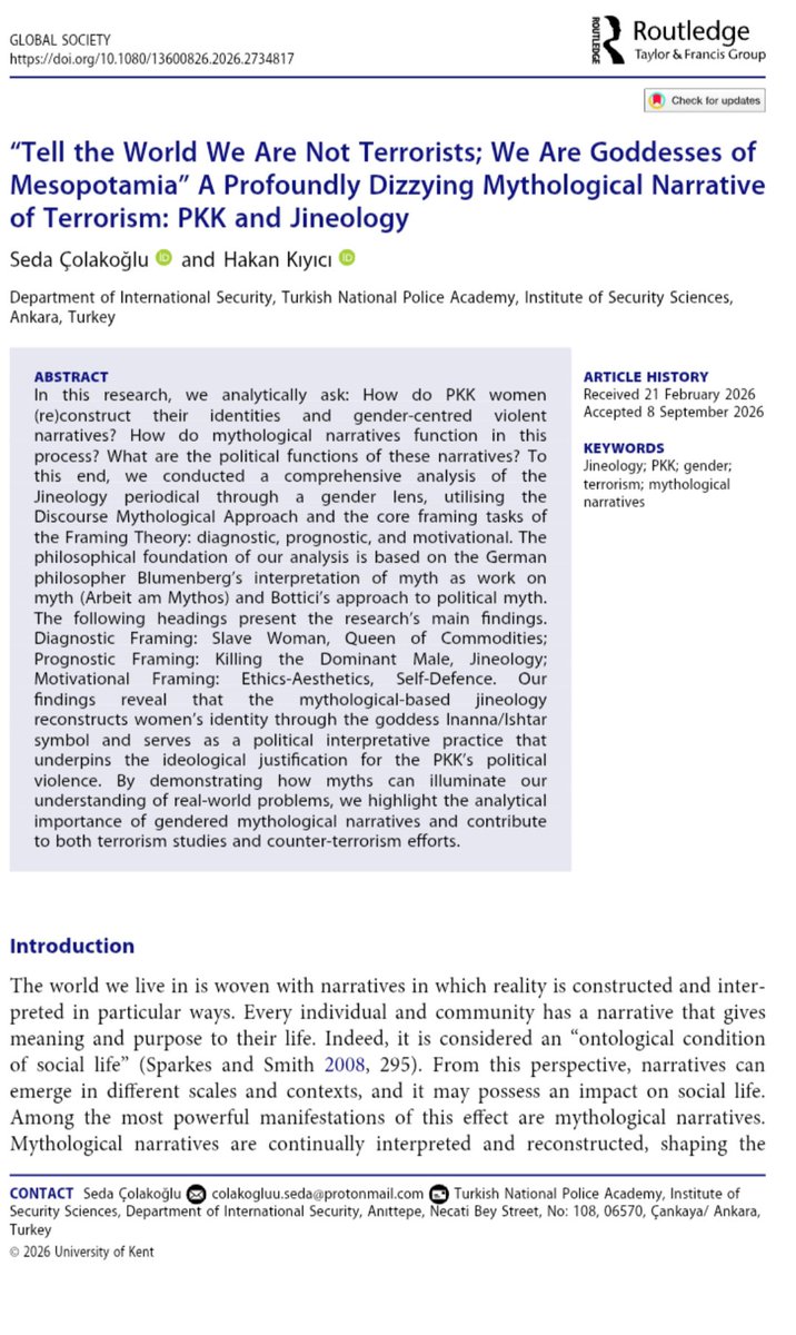 Sedacolakogluu's tweet photo. Very excited that my co-authored article, “Tell the World We Are Not Terrorists; We Are Goddesses of Mesopotamia” A Profoundly Dizzying Mythological Narrative of Terrorism: PKK and Jineology, is now published online at @GloblSociety

https://t.co/wM51M30j3w https://t.co/nbKjMpIytZ