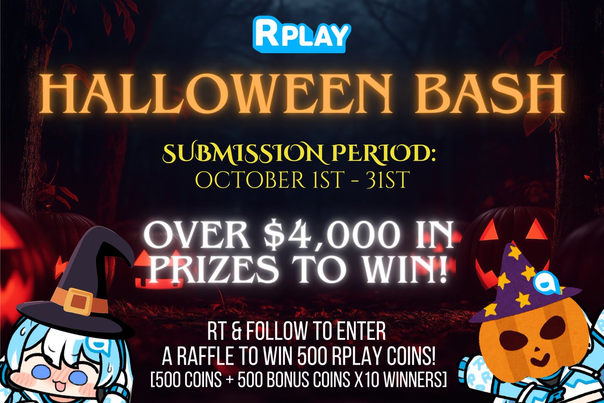 RPLAYofficial's tweet photo. Who's ready for the next contest!
Introducing: RPLAY's Halloween Bash!🎃
RT & Follow to be entered into a raffle to win some RPLAY coins! 10 Winners will be randomly chosen in October! 
All information regarding the event will be posted below and in the Creator Discord! glhf! 👻