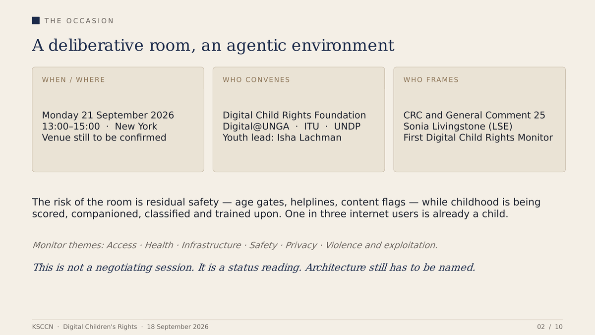 Artillery11's tweet photo. Pitch deck · Roundtable · Status of Digital Children’s Rights
Mon 21 Sep · Digital@UNGA
KSCCN Chapeaux: speaking stack for the children’s rights roundtable.
Thanks Digital Child Rights Foundation · @ITU @UNDP
#UNGA81 #ChildRights #KSCCN #SpeakingDeck https://t.co/YkKXuGodd5