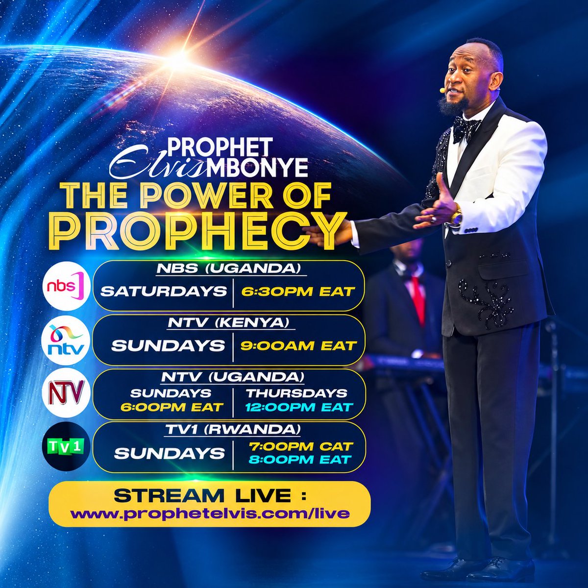 Ap_FidelSankara's tweet photo. THE POWER OF PROPHECY

Encounter the Spirit of Prophecy this weekend!
Experience the life transforming Power of Prophecy, that transforms your life from ordinary to extraordinary, exchanging your limitations for the limitless power of God, and ultimately turning you into the very testimony of Jesus.
Tune in to;
NBSTV Uganda 🇺🇬 Saturday at 6:30PM (EAT)
NTV Kenya 🇰🇪 Sunday at 9:00AM (EAT)
NTV Uganda 🇺🇬 Sunday at 6:00PM (EAT) with repeats on Thursday 12:00PM (EAT) 
TV1 Rwanda 🇷🇼 Sunday at 8:00PM (EAT)
Or stream live on https://t.co/6mBAKMrM4C at all the above times!

#ProphetElvisMbonye