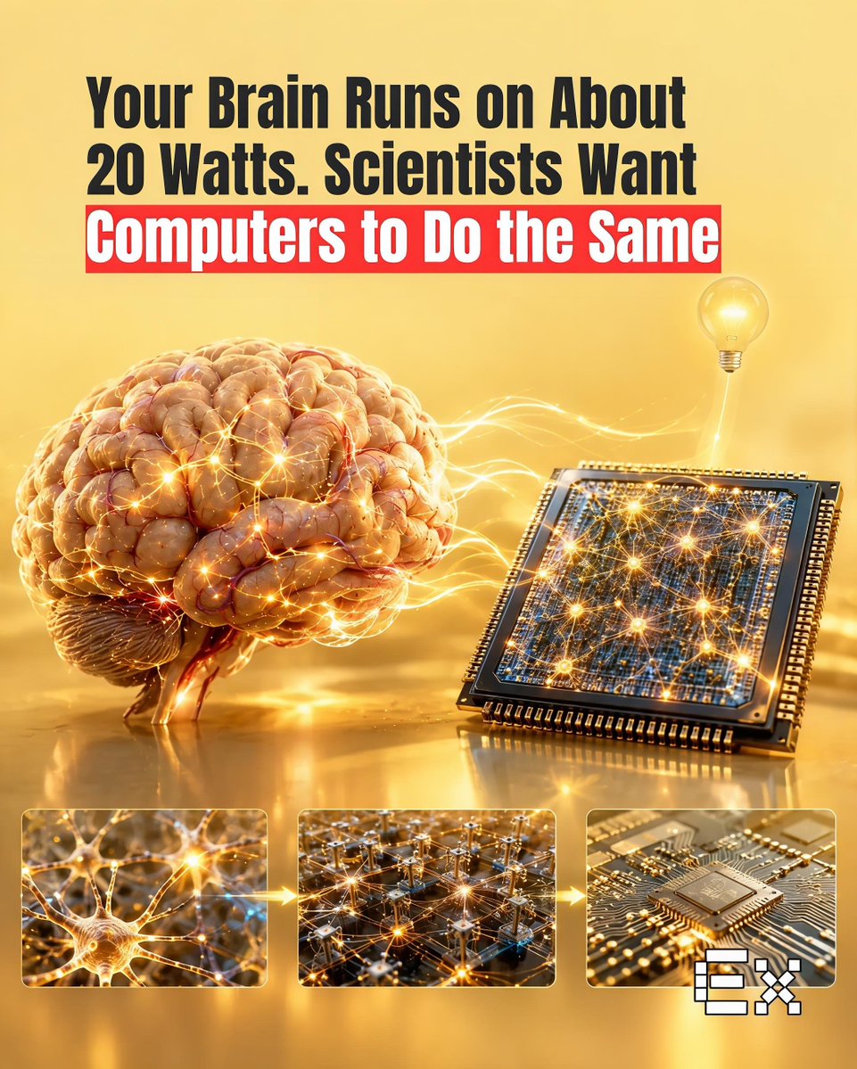 ElementiaX's tweet photo. Your brain runs on about 20 watts—yet it does what computers struggle to do. 🧠⚡

Your brain can recognize faces, understand language and control your body using roughly the power of a lightbulb. https://t.co/eOzXCyEo3q