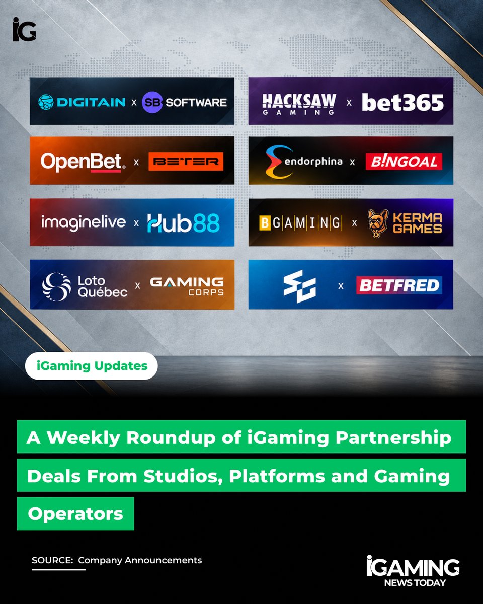 iGNewstoday's tweet photo. Eight iGaming partnerships, one clear direction:

▸ @Digitain – SB Software
▸ @hacksawgaming – @bet365 (Spain)
▸ OpenBet – @beter_co 
▸ @EndorphinaGames  – Bingoal
▸ Hub88–Imagine Live
▸ @BGamingO – Kerma Games
▸ Gaming Corps – Loto-Québec
▸ S Gaming – @Betfred 

Content reaching more players through one connection.

Read More : https://t.co/Ah20JUv7FN

Source: Company announcements

#iGamingNewsToday #Digitain #SBSoftware #HacksawGaming #bet365 #OpenBet #BETER #Endorphina #Bingoal #Hub88 #ImagineLive #BGaming #KermaGames #GamingCorps #LotoQuébec #SGaming #Betfred