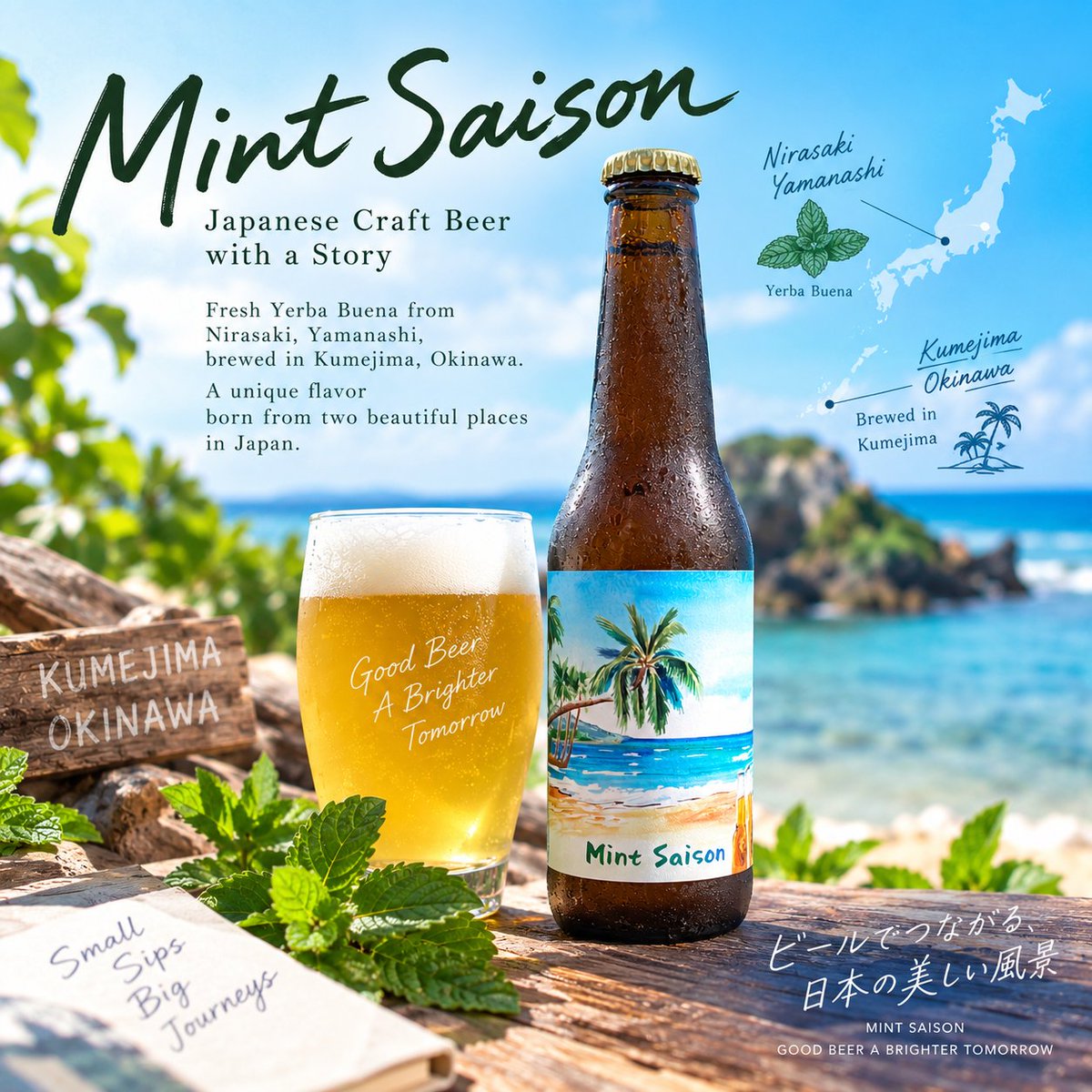 mintsaison's tweet photo. Two places, one Japanese craft beer 
🌿 Yerba Buena from Nirasaki, Yamanashi, brewed in Kumejima, Okinawa
#MintSaison #JapaneseCraftBeer https://t.co/J4ncygU5MI