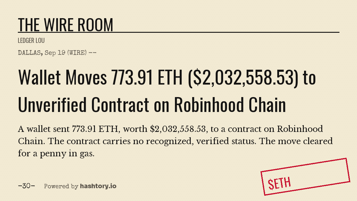 Hashtory_io's tweet photo. DALLAS, Sep 19 (WIRE) -- A wallet sent 773.91 ETH, worth $2,032,558.53, to a contract on Robinhood Chain. The contract carries no recognized, verified status. The move cleared for a penny in gas. -30- https://t.co/HJzl0MmEwF https://t.co/NfeD7qvmfO