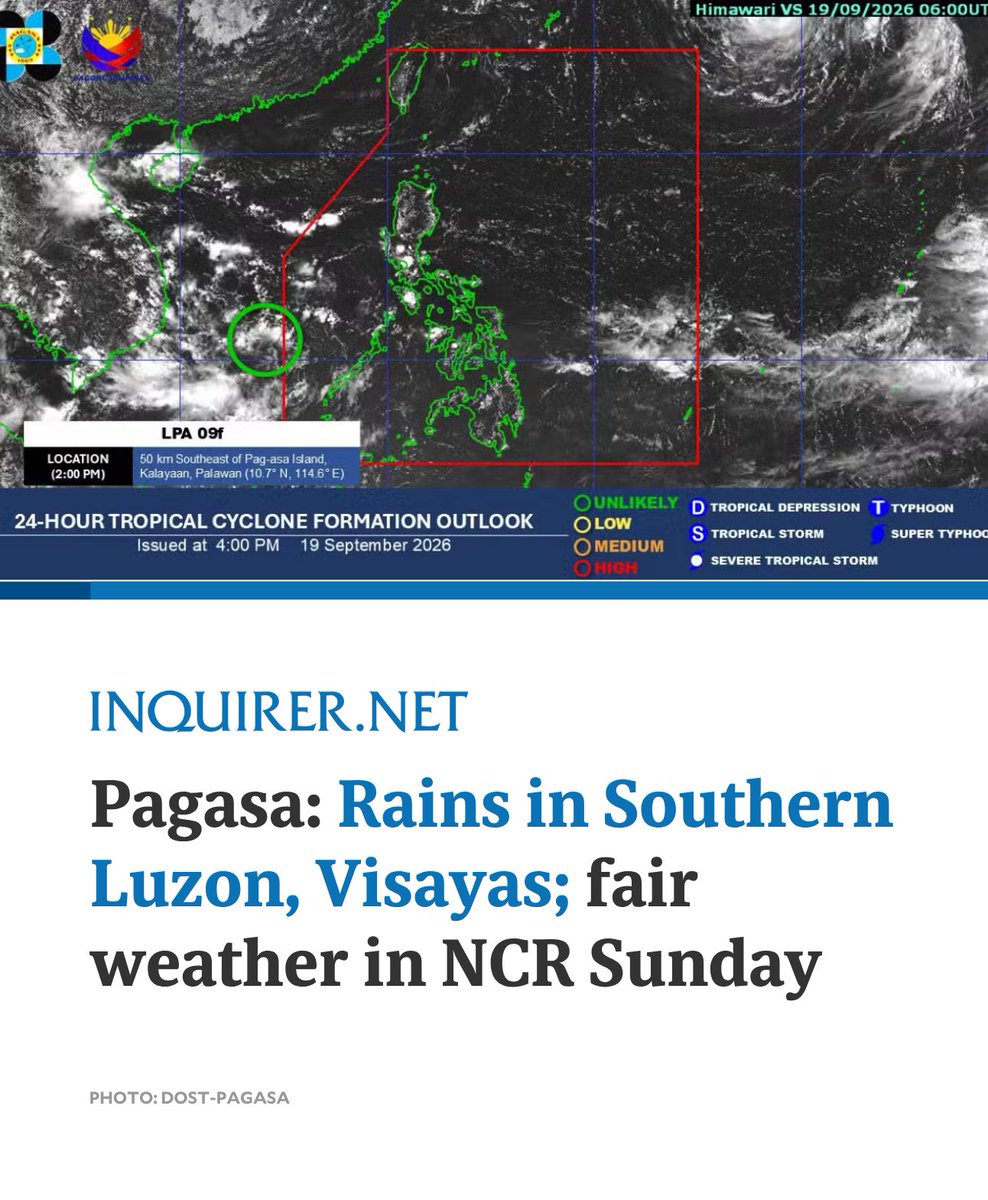 The southwest monsoon, or habagat, will continue to affect Southern Luzon and Visayas, while generally fair weather with occasional rains may prevail over Metro Manila on Sunday, Sept. 20, the state weather bureau said.