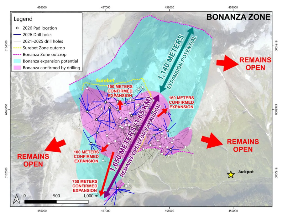 GoliathResource's tweet photo. Goliath Resources: The Layer Cake is Getting Much Wider 🗺️

The Market Mindset takes a closer look at the growing scale of our Surebet discovery.

👉 https://t.co/lGVnbkVXiH

📋 Highlights include:

• Bonanza expanded 19% to 1.51 km²
• Golden Gate expanded 38% to 1.17 km²
• New assays are confirming grade and width across the expanded system
• Significant assays remain pending

The write-up also examines mineralization between Surebet’s stacked high-grade zones.

$GOT.V $GOTRF @chargingstocks #Mining #Gold #GoldMining
