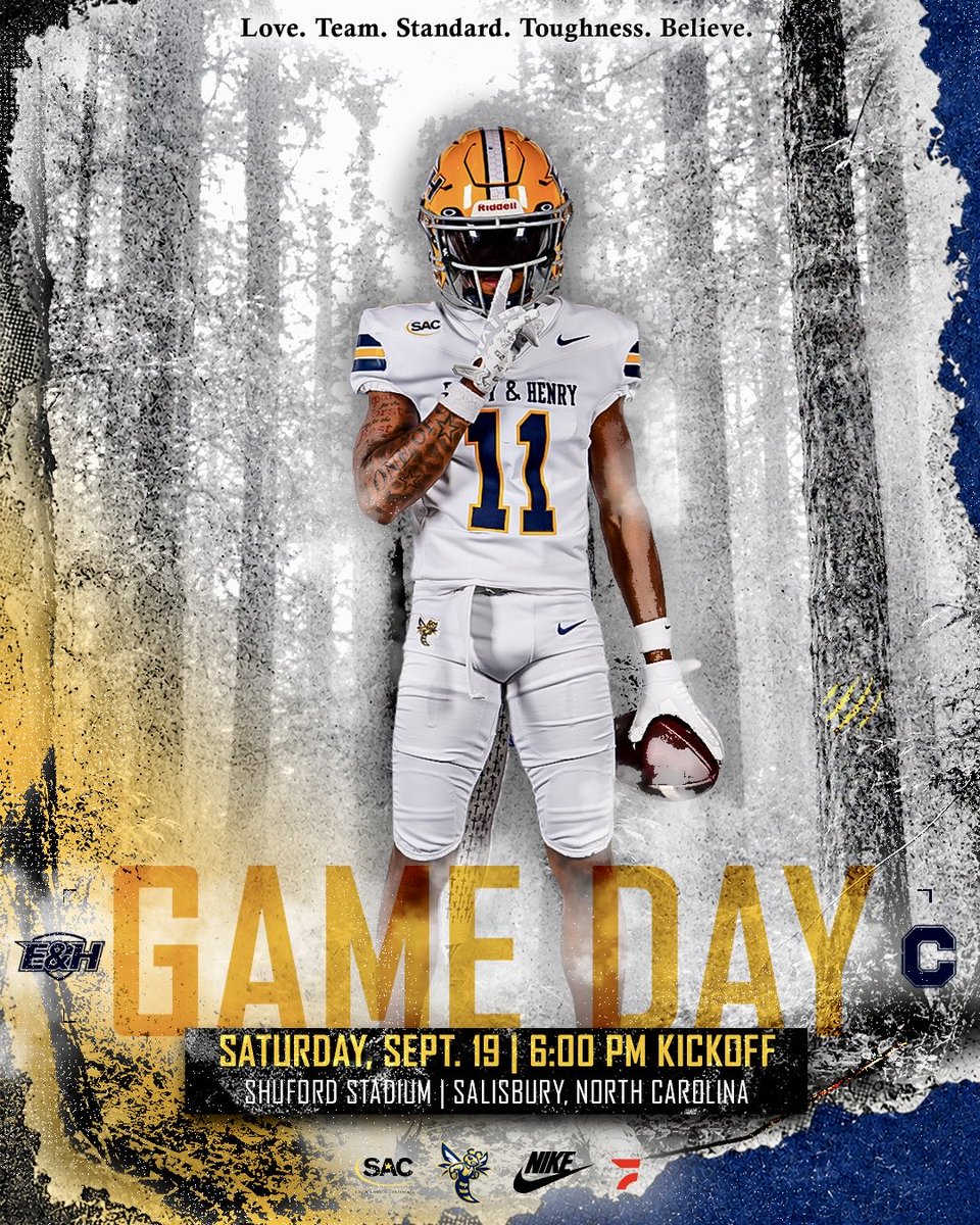 EmoryHenry_FB's tweet photo. 🔔 𝐆𝐀𝐌𝐄𝐃𝐀𝐘 🔔

𝗙.𝗥.𝗙.

🏟️ Shuford Stadium
🕕 6:00pm Kickoff
📺 https://t.co/g2dmFhknG9

#HardHatDefense 🚧 #Area26 🛸
#GoWasps #BlueCollarGoldStandard https://t.co/WS1mWYLzxm