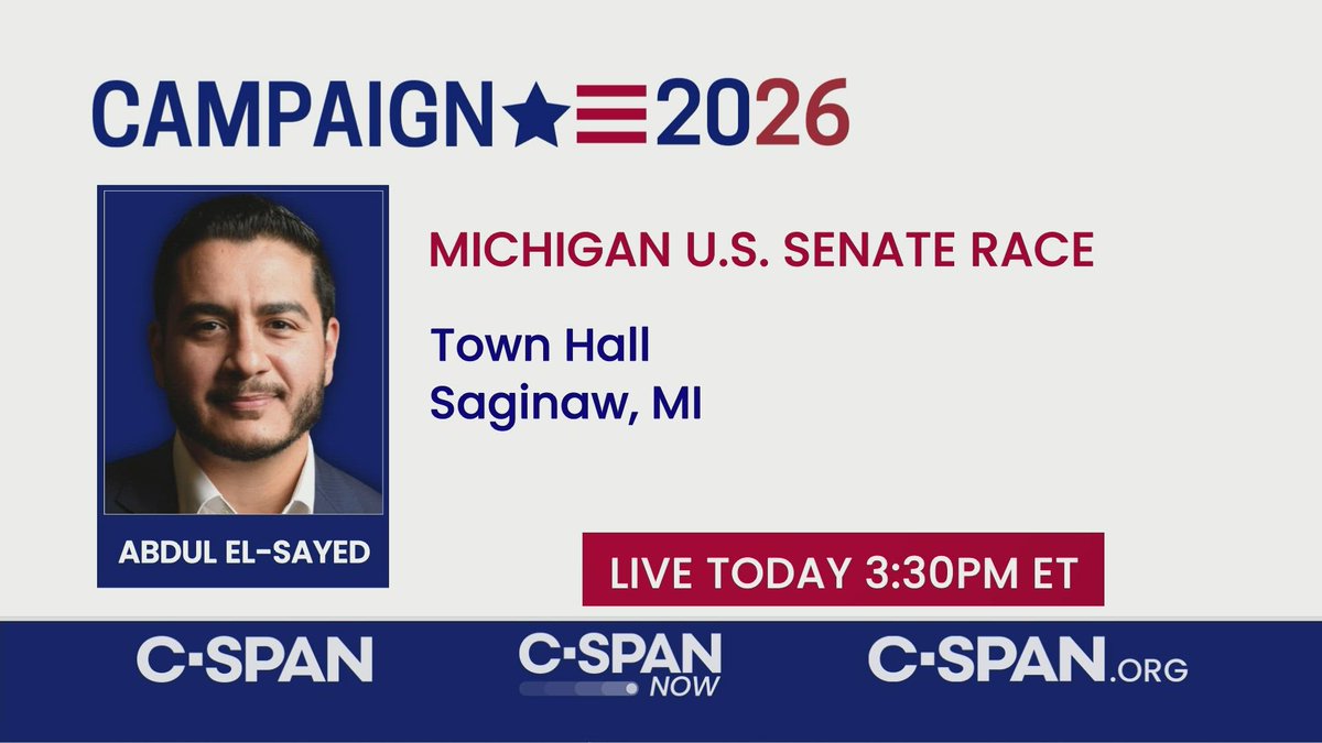 cspan's tweet photo. U.S. Senate Candidate Abdul El-Sayed (D-MI) Holds Town Hall in Saginaw, MI - LIVE at 3:30pm ET on C-SPAN https://t.co/6M2ecWLWTJ https://t.co/LWOi04rxC1