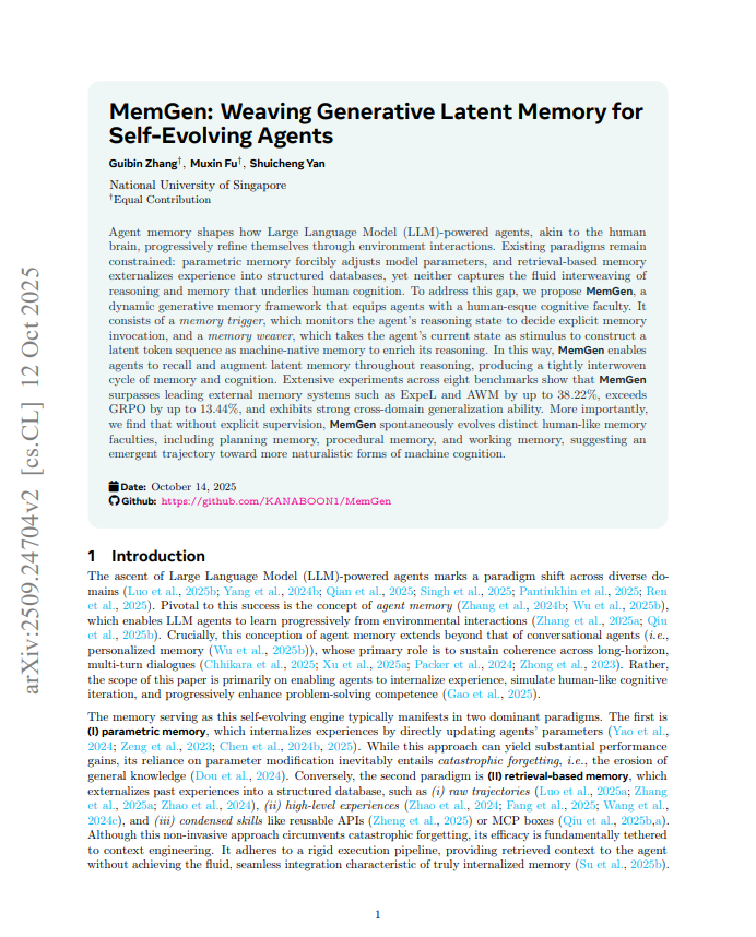 damkina7's tweet photo. STOP INJECTING RETRIEVAL PROMPTS INTO YOUR AGENT’S CONTEXT

THIS IS WHAT MACHINE-NATIVE LATENT MEMORY LOOKS LIKE IN PRODUCTION

Every time an engineering team builds long-term memory for an autonomous agent, they assume stuffing retrieved markdown into the prompt or fine-tuning weights is the only way to evolve.

It doesn’t.

Fine-tuning causes catastrophic forgetting (-16.2% transfer collapse), while external vector DBs choke the KV cache with brittle, un-internalized text. 
A new 2026 empirical audit across 8 benchmarks showed that weaving machine-native latent memory beats external RAG systems by +38.22% while cutting execution latency down to 24% of vanilla LLMs.

Here is what the generative latent memory architecture actually does under the hood:

→ The Frozen Core Reasoner - Qwen3-8B / frontier weights. Base model parameters are permanently locked. Zero weight modification, zero catastrophic forgetting, zero degradation of general reasoning across tasks.

→ The Metacognitive Trigger - reinforcement-learned LoRA adapter. Monitors hidden state vectors at semantic sentence boundaries. Dynamically evaluates trajectory state to make binary [INVOKE] vs [SKIP] decisions with sub-millisecond overhead.

→ The Memory Weaver - generative latent LoRA synthesis. Takes the agent's current cognitive state as stimulus to reconstruct past experiences into an immutable sequence of 4 to 32 machine-native latent tokens (Mt) prepended directly to the attention tensor.

→ Emergent Cognitive Hierarchy - planning, procedural, working memory. Without any human supervision, the latent space spontaneously self-organizes: Cluster 2 governs task sequencing, Cluster 3 locks tool syntax, and Cluster 1 enforces state consistency.

→ The Pattern - freeze the weights, monitor the hidden state, weave latent tokens on demand, resume the forward pass. Four steps. Continuous self-evolution with zero prompt drag.

A chatbot retrieves external markdown to read. An evolving agent weaves latent memory directly into its cognition.

Bookmark this for your next autonomous agent architecture review ↓