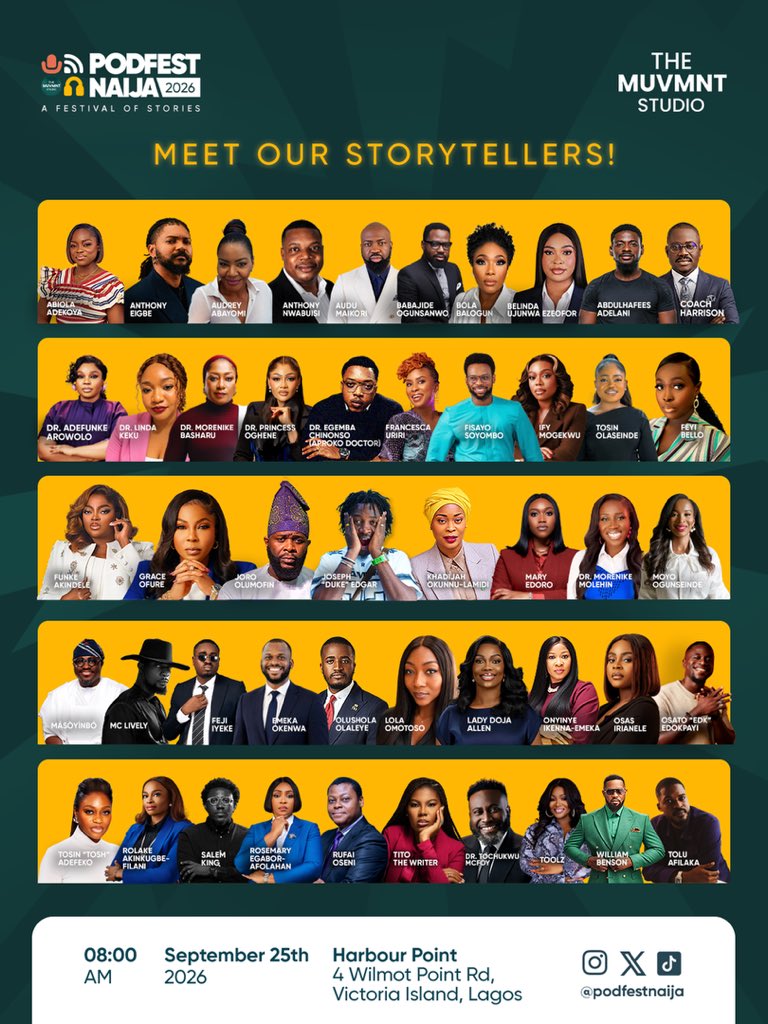 PodfestNaija's tweet photo. 6 DAYS TO PODFEST NAIJA 2026!!!🥳🎉

Get ready to experience a festival of stories with your favourite creators, storytellers, industry leaders, brands and the entire storytelling ecosystem as we come together to connect, collaborate, innovate and learn! https://t.co/vxlJUMOo65