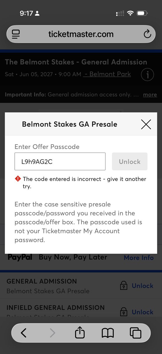 SavvyExacta's tweet photo. Tried to get GA for Belmont Day, but the presale code provided in email doesn’t work. @TheNYRA @Ticketmaster https://t.co/4Cs9eQhNzJ