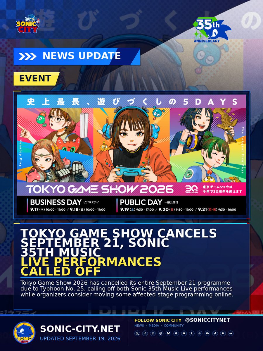 Tokyo Game Show Cancels September 21, Sonic 35th Music Live Performances Called Off