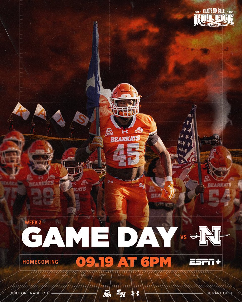 BearkatsFB's tweet photo. Defend home. 

🆚: Nicholls
📍: Huntsville, TX
🕧: 6:00 PM
📺: ESPN+
📻: BSN Audio | 90.5 FM

#EatEmUpKats | #BePartOfIt https://t.co/ZSqj4VmcEt