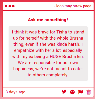 loopimay's tweet photo. People forget that Tisha has been dealing with Brusha and her selfish behavior for at least a decade, and the worst she could say to her is "you're a mess I can't clean," which she deeply regrets. Tisha is not only brave, but also compassionate. She deserves a lot more credit. https://t.co/FC3kMSYk8W