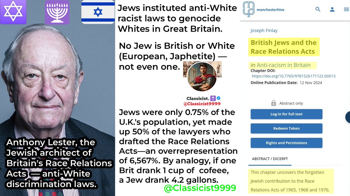 Classicist9999's tweet photo. @RupertLowe10 ✡️🇮🇱 ⚔️✝️🇬🇧 The "anti-racist" attacks against Whites (European, Japhetites) in Britain will continue until and unless Restore Britain repeals, scraps, and dismantles the jewish-created Race Relations Acts.

Should have happened yesterday.

✅▶️Follow @Classicist9999 https://t.co/N5GwABYxM8