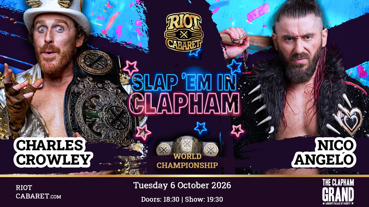 RiotCabaret's tweet photo. CROWLEY. ANGELO.

With his victory over Joseph Sawyer at All Singing All Dancing, @NicoAngelo_BHG earns the right to challenge for the championship he lost last Christmas.

@CrowleyCarnival managed to overcome Kuro on the same show, but had to bend the rules to manage it — can he hold onto the gold against one of the best wrestlers in Europe?