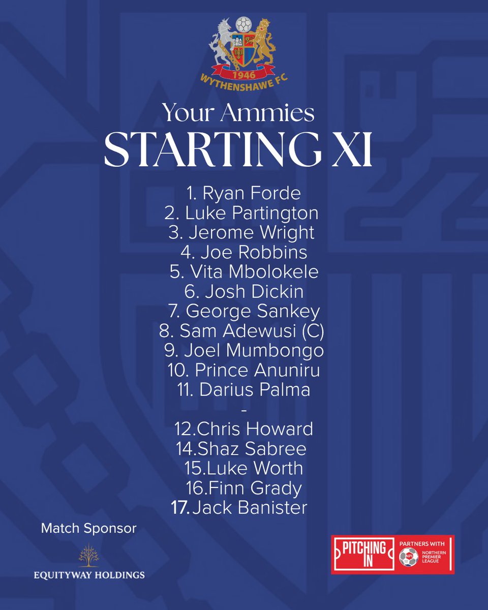WythenshaweFC's tweet photo. STARTING XI | Shifnal Town
Hereโs how the Ammies line up for todayโs 3pm kick-off at the Avensure Community Stadium against @TownShifnal
#WythenshaweFC #UpTheAmmies #NPLWest https://t.co/mWLT7rC3vS