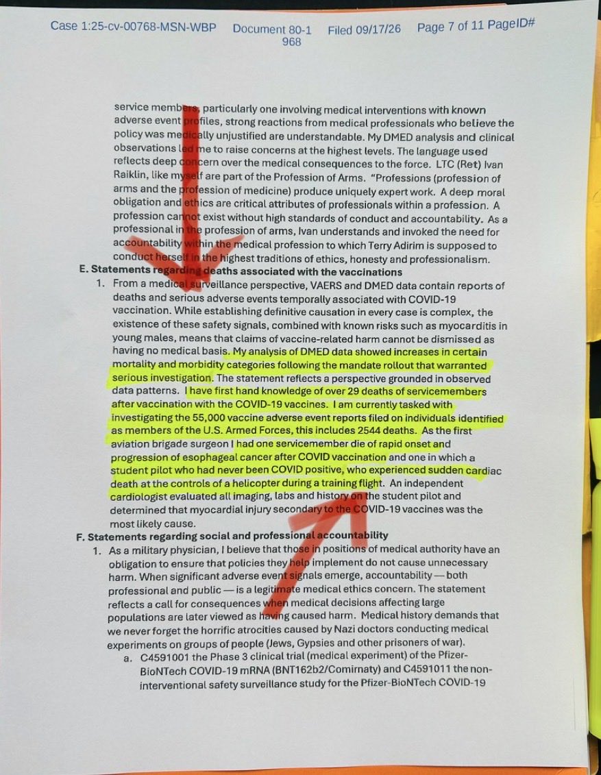TonyNikolic10's tweet photo. WE PUT THIS EVIDENCE BEFORE AN AUSTRALIAN COURT IN 2021.

In our challenge to the COVID-19 mandates, we introduced evidence concerning myocarditis, thrombosis, transmission, uncertain long-term safety and coercion.

We also tendered a forensic pathology report concerning Roberto Garin. It concluded that he died from Pfizer vaccine-induced granulomatous myocarditis.

That was not a social-media allegation. It was a forensic opinion addressing cause of death.

Issues such as carcinogenic, cardiology, genotoxic or fertility were not explored or investigated!

Now similar evidence has entered a US federal court.

Dr Terry Adirim, who played a central role in advising that US military personnel be vaccinated, sued Ivan Raiklin for defamation after he accused her of responsibility for an unlawful mandate, deaths and widespread harm.

The Court allowed the defamation claim to proceed. It did not find that the vaccines were safe or that nobody died. It held that Raiklin’s allegations conveyed factual claims capable of being tested.

Dr Theresa Long, a retired US Army flight surgeon, has now filed evidence stating that she:

• has first-hand knowledge of more than 29 service-member deaths following vaccination;

• is investigating 55,000 military vaccine adverse-event reports, including 2,544 reports involving deaths; and

• knew of a student pilot who suffered sudden cardiac death while controlling a helicopter.

According to Dr Long, an independent cardiologist considered vaccine-associated myocardial injury the most likely cause.

Australia did not lack warnings.

The risks were identified. The evidence was introduced. The authorities were placed on notice. The mandates continued.

This is not hindsight. It is an evidentiary trail—and it demands an independent investigation with coercive powers.

The injured will not be erased. The dead will not be reduced to statistics. We will not simply “move on”.

Sources: Kassam v Hazzard; Henry v Hazzard [2021] NSWSC 1320; Adirim v United States Central Intelligence Agency; Long declaration,

https://t.co/d5eDoKER4k

#Holdtheline @AFLSOLICITORS10
