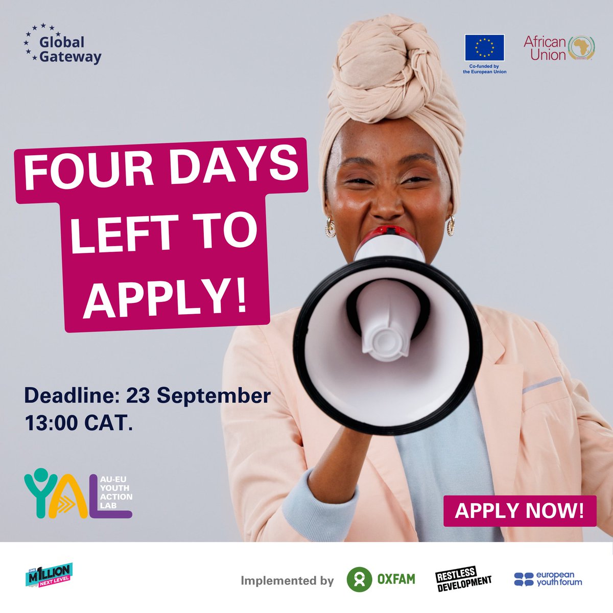 AUEUYouthLab's tweet photo. CALL FOR GRANT PROPOSALS. Four days left. A weekend reminder for anyone still finalizing their #AUEUYouthActionLab proposal, the deadline is Wednesday, 23 Sept, 2026 at 13:00 CAT. (Confirm your local time zone!)

Apply: https://t.co/DmFDzADJTo
Webinar: https://t.co/hzPR9Qrn7C https://t.co/mYc3gm191V