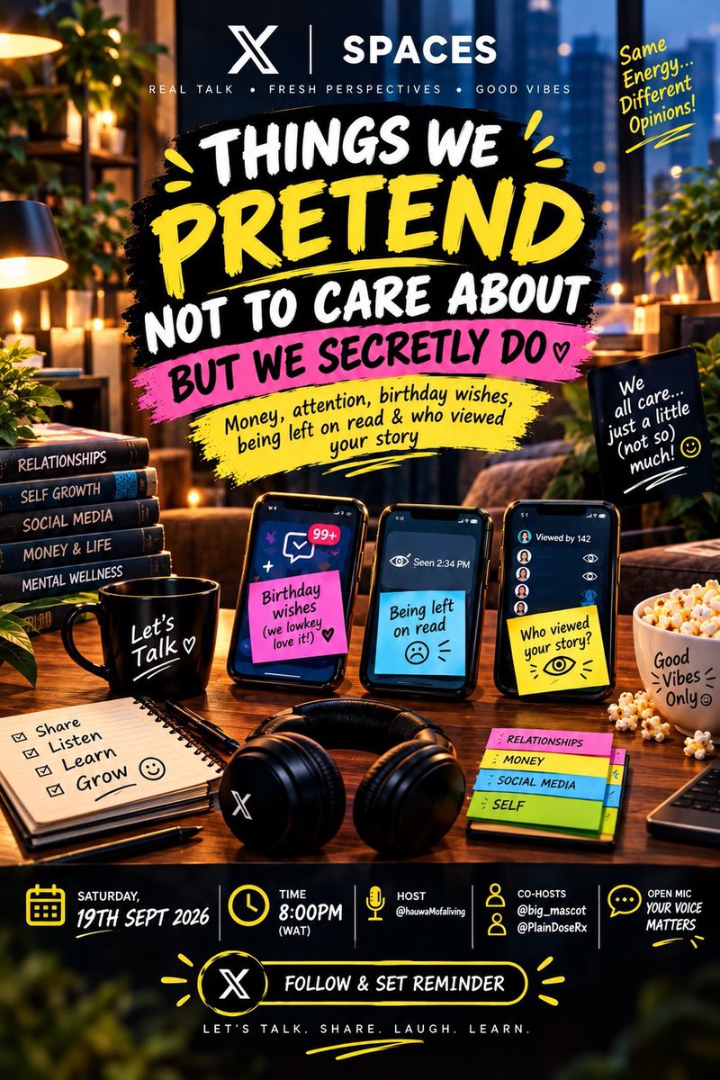 big_mascot's tweet photo. Sometimes, “I don’t care” is just pride wearing a disguise.

Space Host: @hauwaMofaliving 
Time: 8pm Nigerian time. 
Convo: “Things we pretend not to care about, but we secretly do” https://t.co/t79Hnyim6V