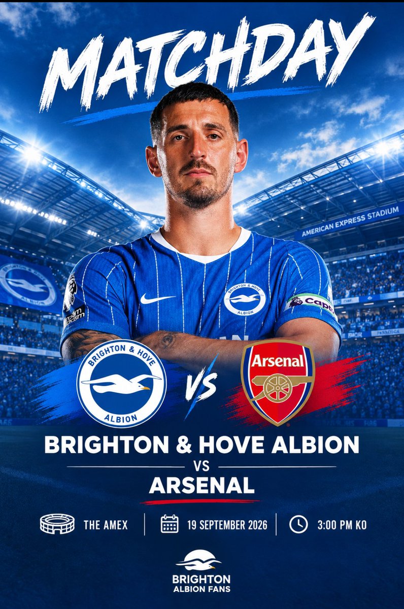 brightonAfans's tweet photo. 🚨 MATCHDAY AT THE AMEX! 💙🤍

Brighton welcome Arsenal for a huge Premier League showdown. All eyes on the Seagulls as we look to make it count on home soil! 🦅⚽

📍 The Amex | 🗓️ 19 September | ⏰ 3PM KO

Come on, Albion! 💪

#BHAFC #Brighton #PremierLeague https://t.co/Yfn7hbApOr