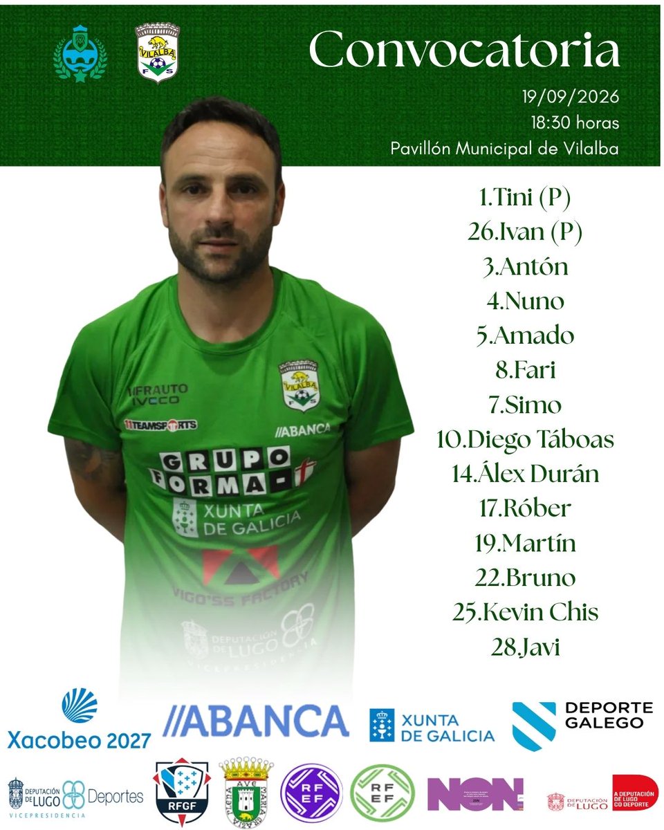 vilalba_fs's tweet photo. 📋CONVOCATORIA!!

💚Estes son os 14 convocados para disputar a primeira xornada de liga fronte ao @LeisPontevedra 

#eternocapitánismael16©️
#vilalbaquerefutsal⚽
#todoaoverde💚 https://t.co/Cs0AlK7wtS