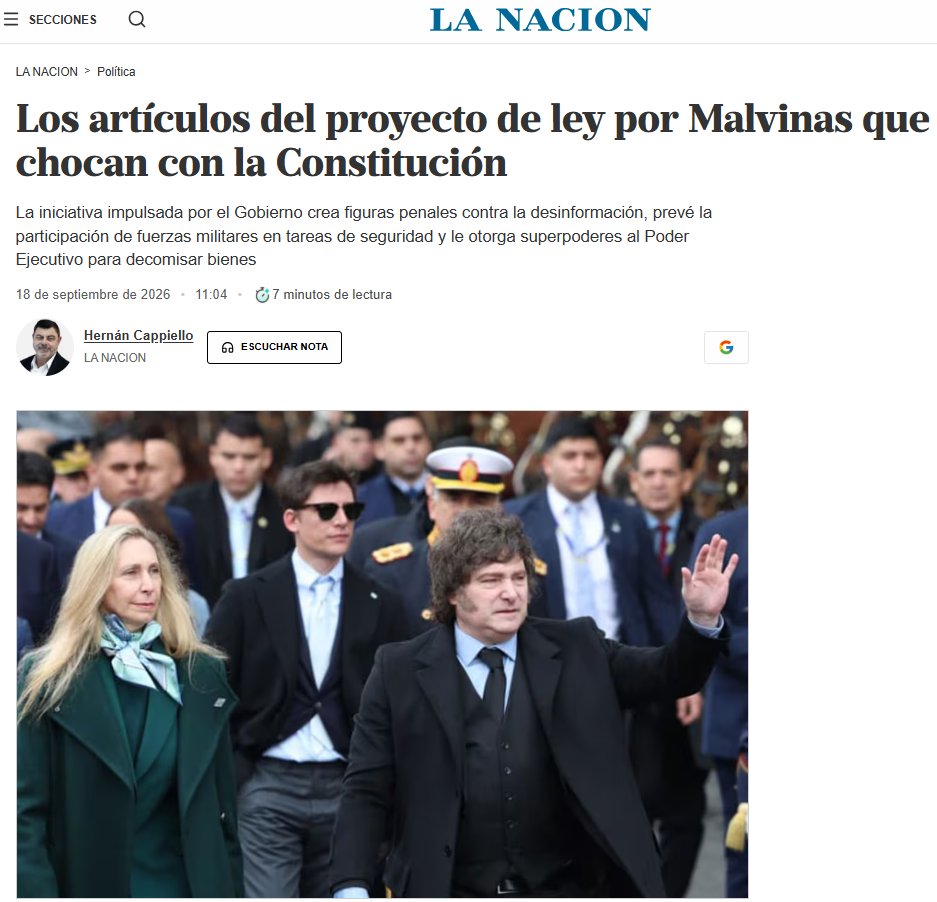 PabloJulianoLP's tweet photo. EL ESTADO MÍNIMO DE MILEI CADA VEZ SE PARECE MÁS A UN ESTADO TOTAL.

Los funcionarios del gabinete venden la catarata de insultos a periodistas como un triunfo de la democracia, porque por lo menos no les mandan la SIDE. Pero por debajo están cimentando otra cosa.

Sobre el proyecto de ley presentado por Malvinas, @hcappiello explica en La Nación:

“De los ocho títulos que componen la iniciativa, solo el primero se refiere a la explotación de hidrocarburos en las islas sin autorización argentina. Los siete restantes crean un Sistema de Seguridad Nacional, modifican el Código Penal, la Ley de Defensa Nacional, la de Inteligencia y la de Financiamiento de los Partidos Políticos, con un alcance que excede a las Malvinas”.

En nombre de la defensa nacional, el nuevo proyecto del Gobierno sigue abonando a una red de leyes, asignaciones extraordinarias de recursos para la SIDE, nombramientos y contratación de proveedores de servicios de inteligencia que más temprano que tarde va a terminar reprimiendo la opinión de periodistas, opositores y todo ciudadano que no concuerde con Milei, su Gobierno o sus ideas.

Hasta hace unas semanas Milei admiraba a Thatcher y defendía que los kelpers decidieran por sí mismos. Y cuando la Selección mostró la bandera de Malvinas, dijo que no había que caer en “slogans berretas, populistas, nacionalistas rancios”. Hoy Malvinas le sirve de caballo de Troya.

Estas herramientas van a quedar en manos de un Presidente que trata de enemigo a cualquiera que lo cuestione y ya sabemos cómo termina la película.

Link a la nota: https://t.co/gMKRoNZZWT