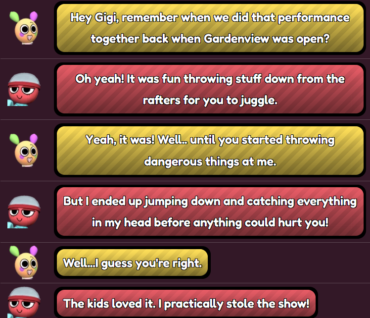 loopimay's tweet photo. I think people annoyed by this dialogue don't get the purpose of it. It exists to be more than just a recap of the animation posted for Gigi's TOWT, it also lets us know that the animations are canon to the game, and not just add-ons depicting things that *could've* happened. https://t.co/RKnuCdDOOr