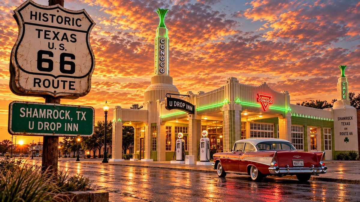 keylargodreamz's tweet photo. Route 66 #route66 turns 100 this year.

If you ever get the chance, drive the Mother Road. As some sort of motivation, I'm going to share AI images of the most iconic sights along the journey - all the way from Chicago to L.A. - one sight at a time.

Don't miss the iconic U Drop Inn in Shamrock, TX.