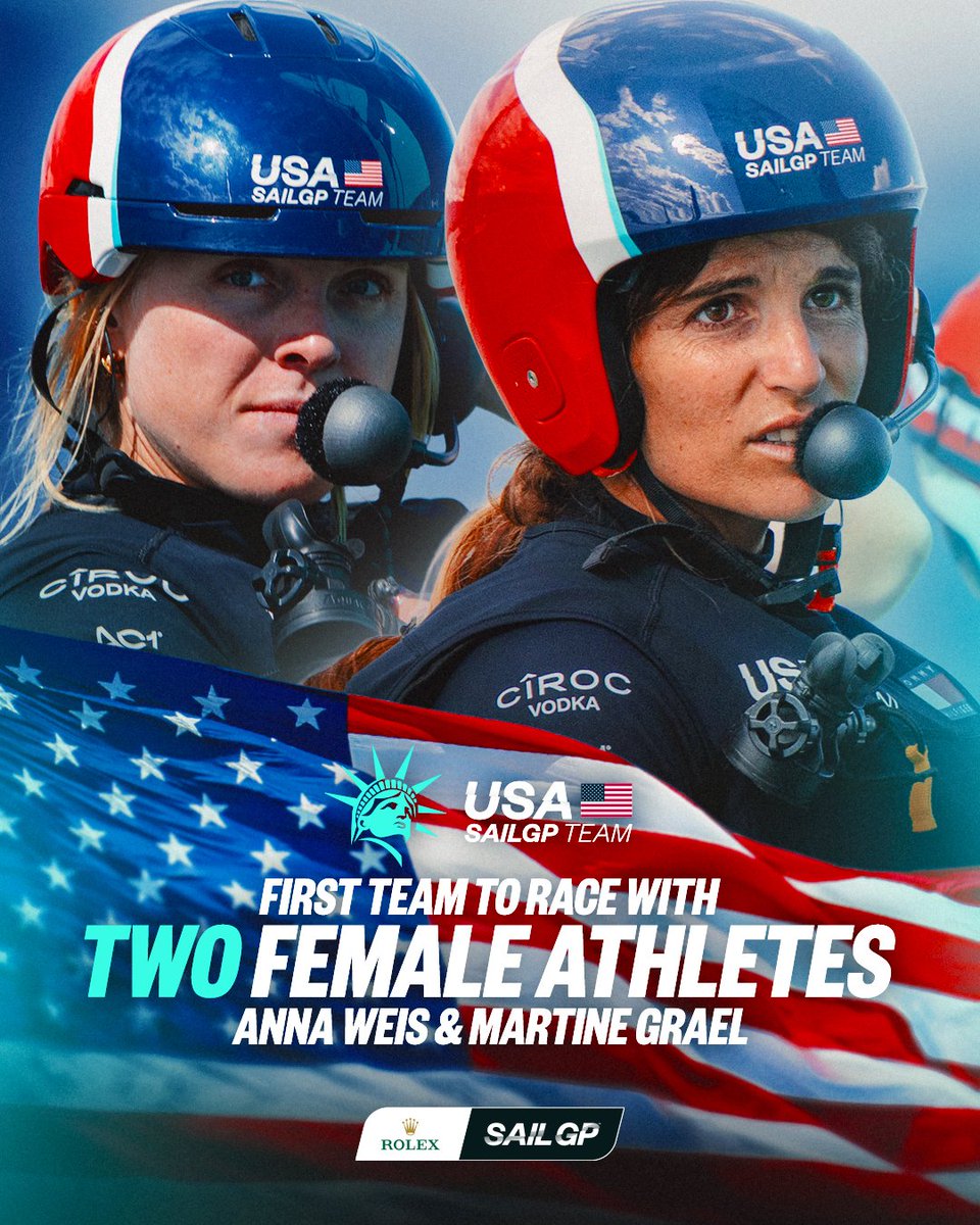 SailGP's tweet photo. History made! 🤩

@SailGPUSA  becomes the first team to race with two female athletes in #SailGP 🙌🇺🇸

Anna Weis 🤝 Martine Grael https://t.co/DKWGi9Dcfi