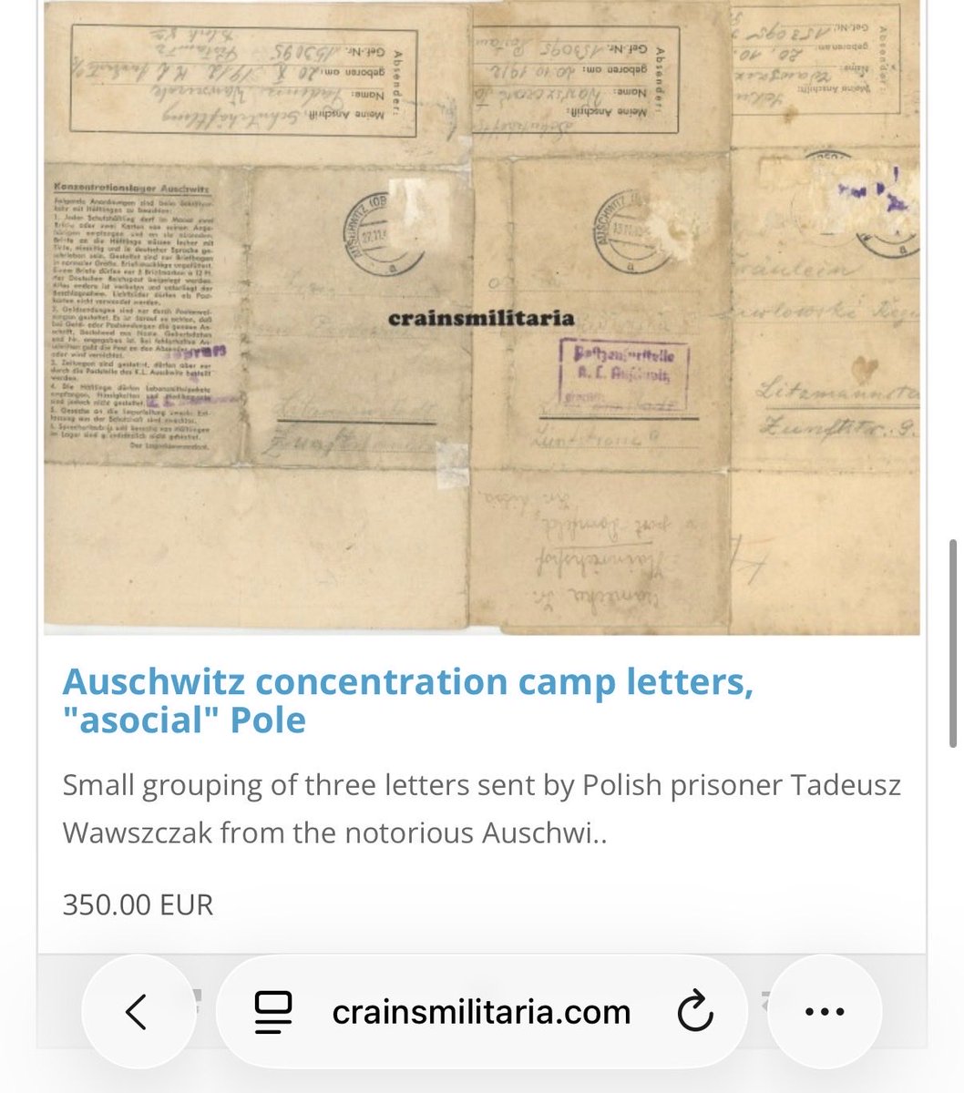 MeitzPL's tweet photo. Zwracam uwagę, że choć przedmioty wystawione są na niemieckim eBayu, sprzedawca ma siedzibę w Evergem w Belgii.

Na jego stronie można znaleźć mnóstwo artefaktów, w tym na przykład listy polskich więźniów niemieckich obozów zagłady…

Wstrząsająca lektura.

Czy możemy liczyć na interwencję @kultura_gov_pl @MSZ_RP @BelgiumInWarsaw @PLinBelgium @MartaCienkowska @sikorskiradek?