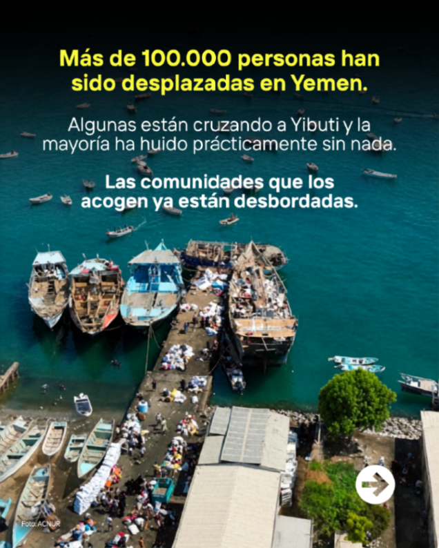 ACNURspain's tweet photo. La escalada del conflicto en Yemen está provocando nuevos desplazamientos y la llegada de refugiados a Yibuti.

La población civil debe ser protegida.
La ayuda humanitaria debe llegar a quienes la necesitan. https://t.co/13ulgal9cI