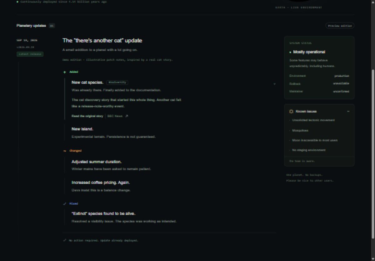 alexdotcodes's tweet photo. First look at https://t.co/mg21pUZHhW.

Went with a dark theme, @shadcn and @huge_icons. The news reads like patch notes, with a little panel for Earth's known issues. https://t.co/cKmQE32hRi