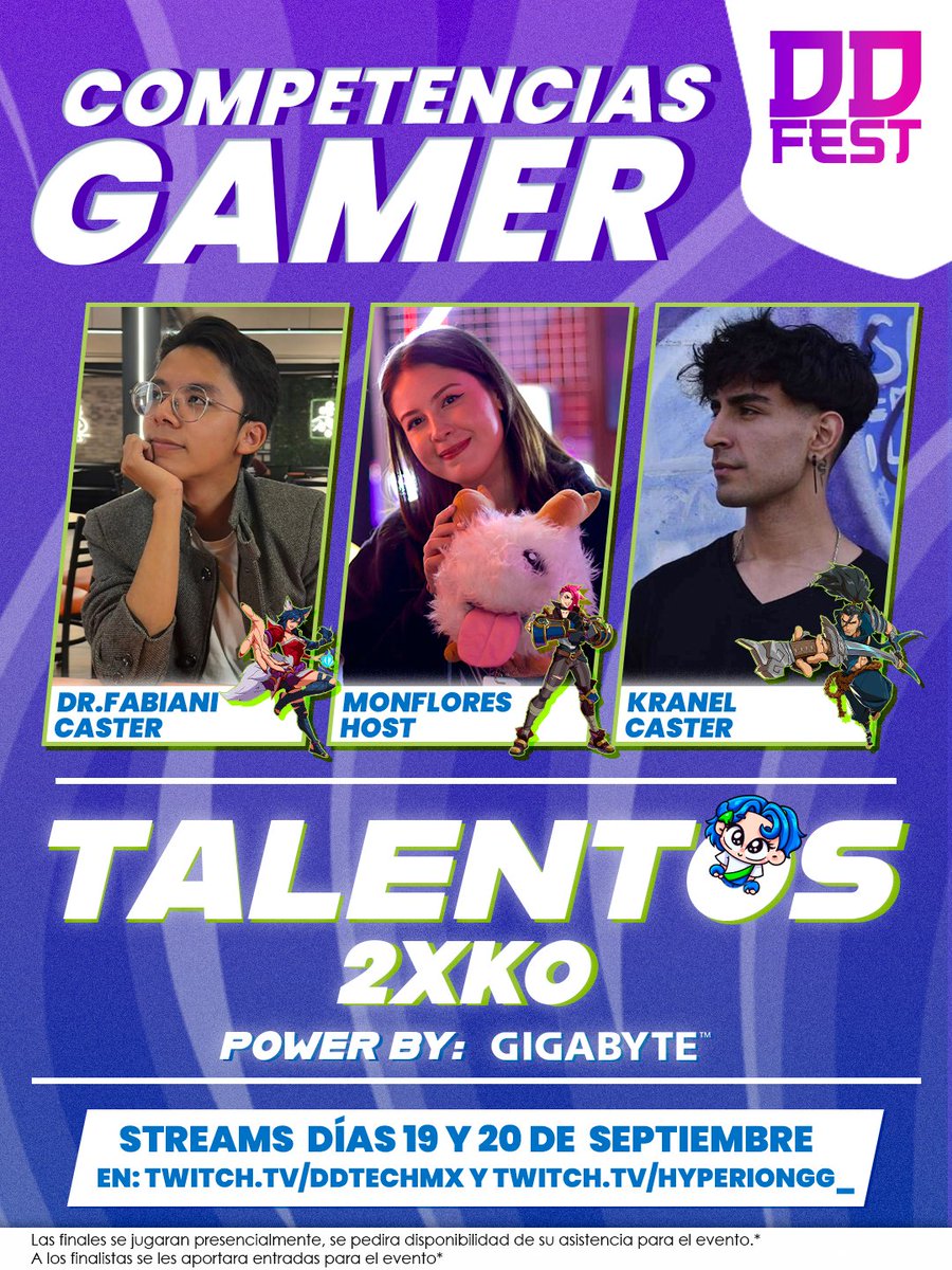 OneNextLevel's tweet photo. ¡Por fin podemos contarles quiénes serán nuestro talento para el torneo de 2XKO en el #DDFest2026! 👊💨🎙️

✨ @MonFloress_ | Host
🎙️ @Krnel1004 | Caster
🎙️ @Dr_Fabiani | Caster

Vengan a disfrutar de las partidas y a convivir con la comunidad este 19 y 20 de septiembre en vivo a través de:

📺 https://t.co/uiFeTNvsCP
📺 https://t.co/8l1J8HHFNs

¿Estarán listos para jugar la final presencial? 👀👇

#DDTech #gigabyte #2XKO
