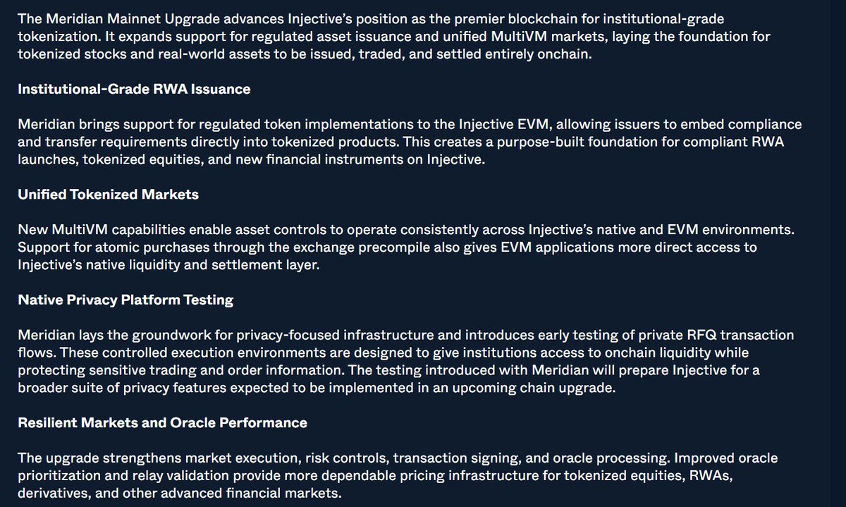 official_bles1's tweet photo. If you’re staking $INJ, head over to Injective Hub and check out IIP-701, the Meridian Mainnet Upgrade.

Because staking is not only about earning rewards. Your staked INJ also gives you voting power in decisions that shape how @injective evolves.

IIP-701 is a Software Upgrade proposal that would move Injective to v1.20.4, bringing new infrastructure for institutional-grade tokenization and onchain finance.

Meridian adds regulated token support to Injective EVM, allowing compliance and transfer rules to be built into tokenized assets. That creates a foundation for regulated RWAs, tokenized equities and new financial instruments to be issued, traded and settled onchain.

👉 It also expands MultiVM capabilities, 
👉 Connects EVM apps more directly to Injective’s native liquidity and settlement layer through atomic purchases
👉 Introduces early testing of private RFQ flows designed to protect sensitive trading and order information.

On top of that, market execution, risk controls, transaction signing and oracle processing are being strengthened.

Now here’s the part more people should know.

Injective has on-chain governance. Staked INJ gives you voting power, while community members can also submit proposals affecting the network.

A proposal starts with a 10 INJ deposit, while 100 INJ is required to reach voting. That 100 INJ can be contributed by one person or collectively. Voting lasts four days. 33.4% participation is needed for quorum, and 50%+ of votes cast must be YES for a proposal to pass. You can vote YES, NO, ABSTAIN or NO WITH VETO.

Please note that deposits may be refunded or burned depending on the outcome, and passed proposals can move into implementation. Injective’s governance dashboard currently shows 600 proposals, with 552 passed.

Now for IIP-701, voting ends September 22 at 18:02 UTC+01. If passed, the chain is planned to halt at block 184,394,000 around September 24 and resume on v1.20.4.

So if you’re staking $INJ, don’t just scroll past governance proposals.

👉 Read what’s changing. 
👉 Understand what it means. 
👉 Then make your own decision and vote.

That’s the point of governance. You’re not just watching Injective evolve. You have a voice in it. 

$INJ